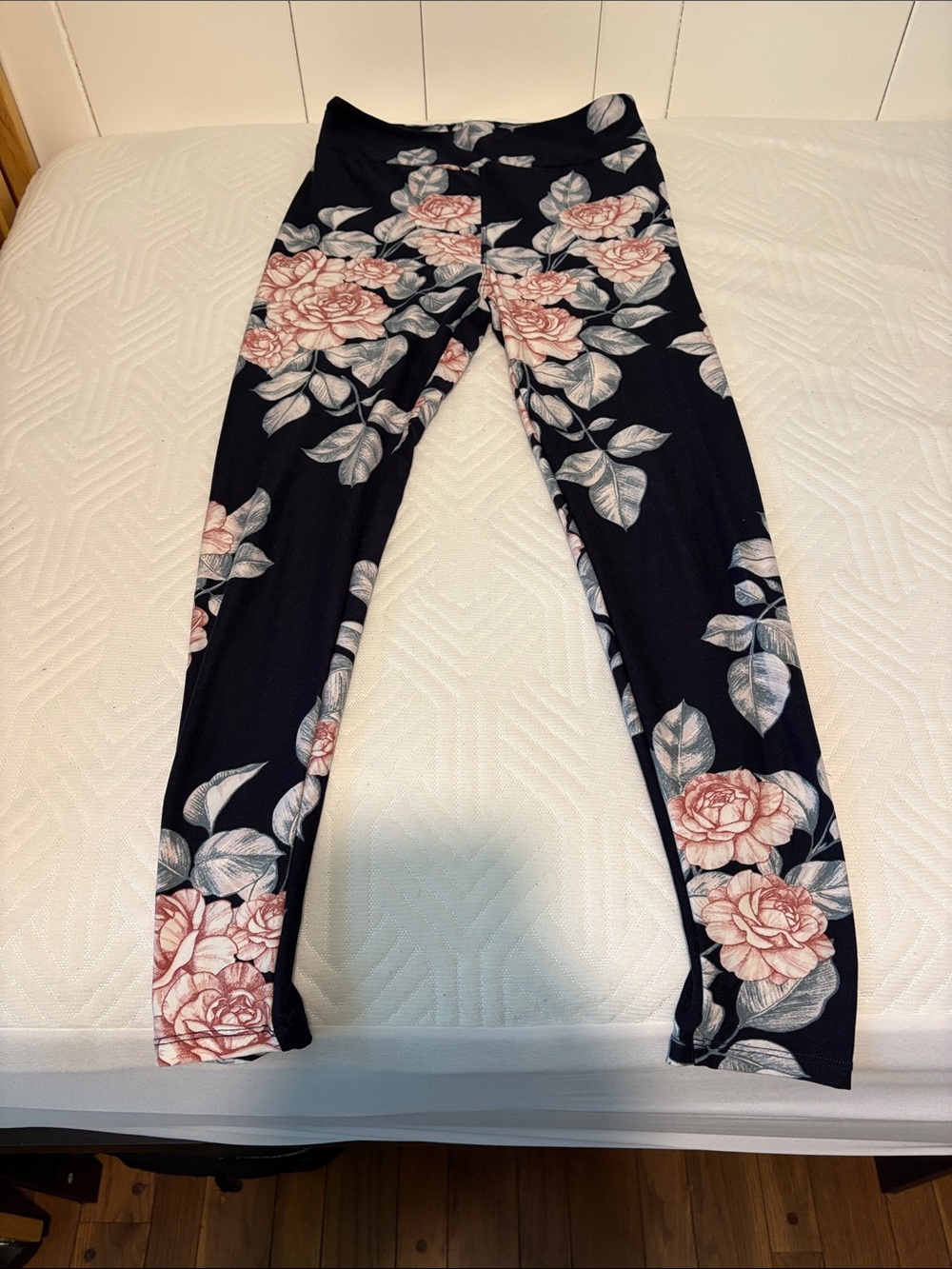 LuLaRoe Black Leggings with Dusty Pink Rose Print
